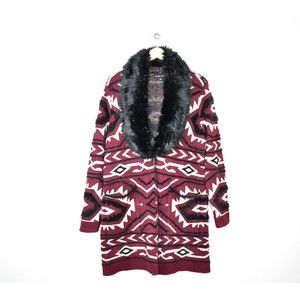 Black Rivet Aztec Faux Fur Cardigan Sweater Size L Southwestern Maroon Duster